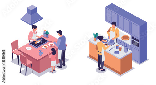 Family cooking moments in modern kitchens with isometric design