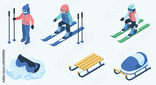 Winter sports and activities isometric set featuring skiers and equipment