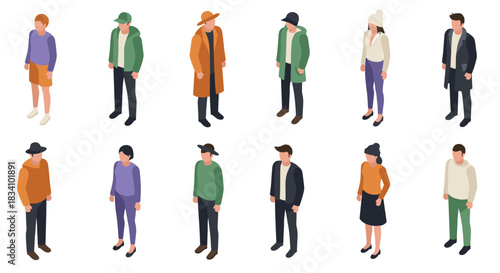 Diverse isometric characters in casual winter and autumn outfits on white background