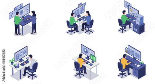 Isometric office setup with people working on computers in different technology environments