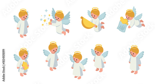 Adorable isometric angel characters with halo and wings in various poses