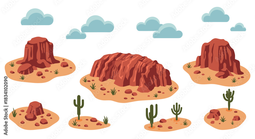 Fototapeta premium Desert landscape with rocky hills and cacti in flat cartoon style