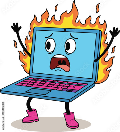 Cartoon laptop character overheating with flames and panicked face, tech issue icon, flat style, isolated on white background
