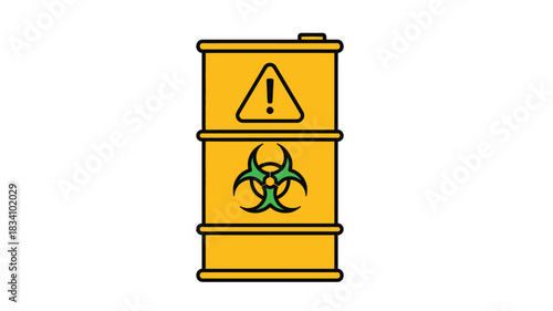 A yellow barrel with prominent warning symbols indicating hazardous and biohazard materials