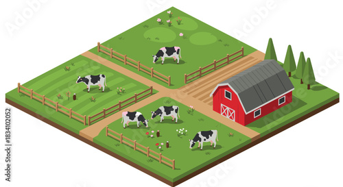 Charming isometric farm scene with cows and red barn