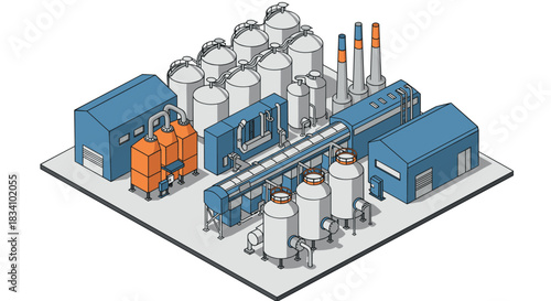 Isometric industrial facility with tanks and pipelines in blue and orange color scheme
