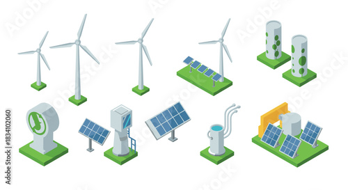 Isometric renewable energy icons: wind turbines, solar panels, eco technology elements