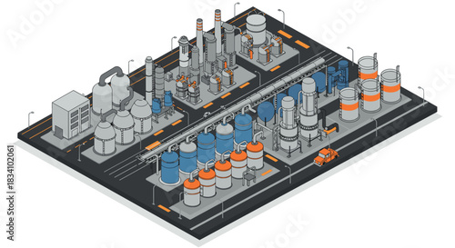 Isometric industrial plant with storage tanks and machinery on urban road