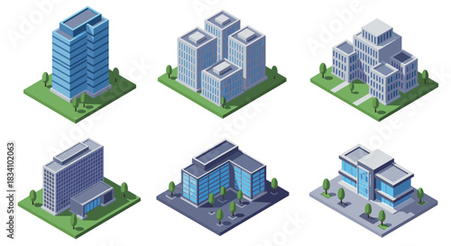 Modern isometric building collection with urban architecture designs