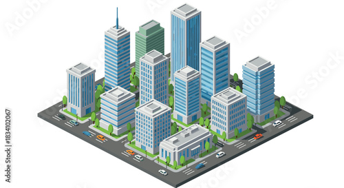 Modern urban skyline with isometric high-rise buildings and busy streets in 3d