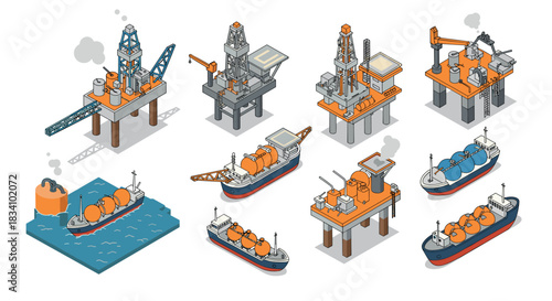 Isometric offshore oil platforms and tankers set for energy and industry design projects