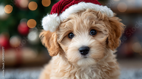 Cute puppy wearing Santa hat in front of Christmas tree  