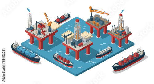 Offshore oil drilling platforms and tankers in isometric style