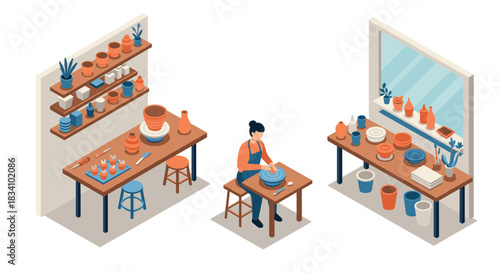 Isometric pottery workshop scene with potter crafting clay on pottery wheel