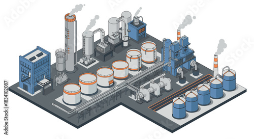 Isometric oil refinery plant with industrial tanks and chimneys