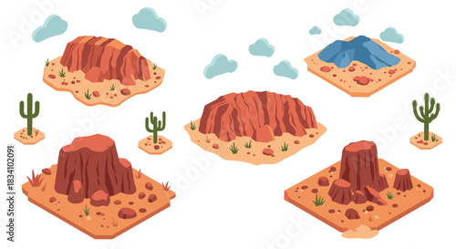 Isometric desert landscape with cacti and rock formations in flat design
