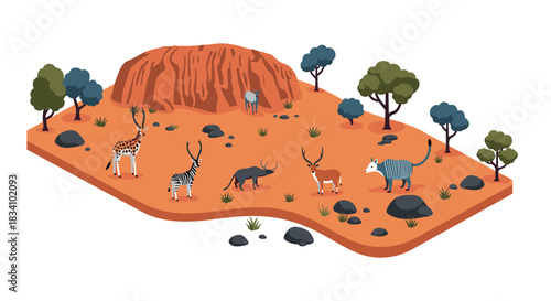 Isometric wildlife scene with african animals in natural habitat