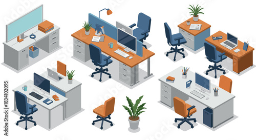 Modern office workspace layout in isometric style with furniture and technology