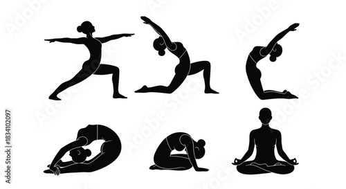 Silhouettes of people performing various yoga poses, demonstrating flexibility and balance.
