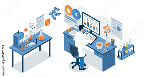 Isometric laboratory research scene with scientist analyzing data in modern lab setting