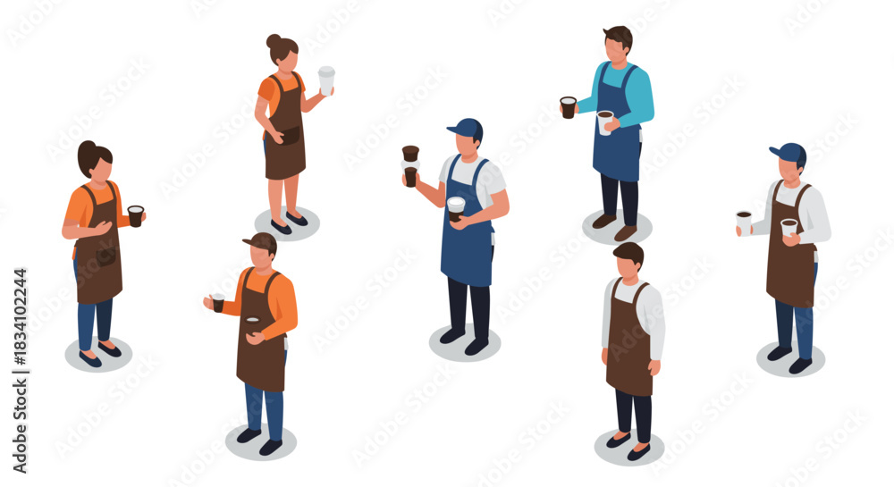Fototapeta premium Isometric barista team serving coffee in various poses with aprons and cups