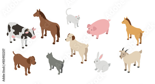 Isometric farm animals collection with dog, cat, and more on white background