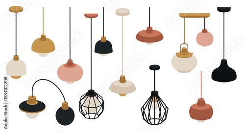Modern hanging lamps collection with stylish minimalist designs in flat colors