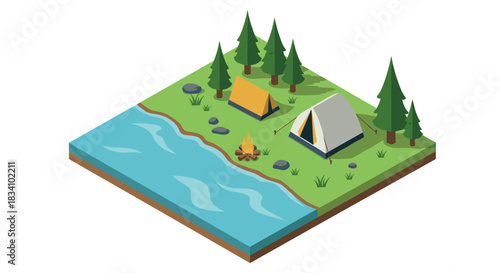 Isometric camping scene with tents and campfire by a riverside in pine forest