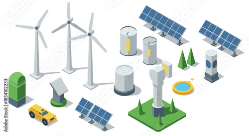Sustainable energy icons featuring wind turbines and solar panels in isometric style