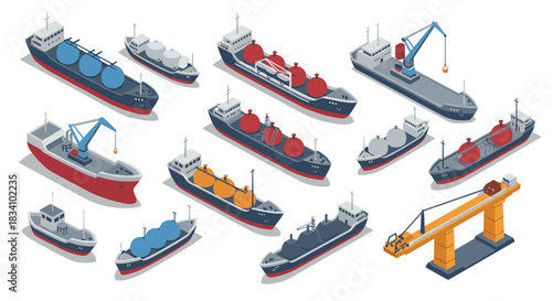 Isometric cargo ships and tankers with cranes for maritime transport illustrations