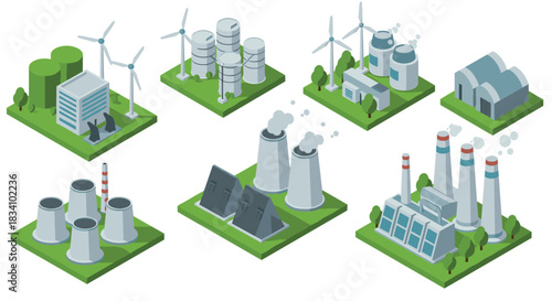 Industrial energy sources in isometric design featuring wind and nuclear power