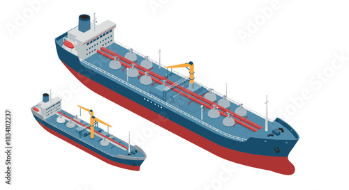 Isometric cargo and tanker ships with cranes in harbor setting