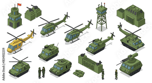 Isometric military vehicles and equipment set with helicopters and tanks