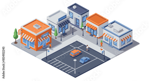 Charming isometric street with shops and parking in urban setting