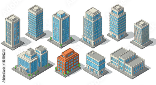 Isometric urban buildings set with blue facades and modern design