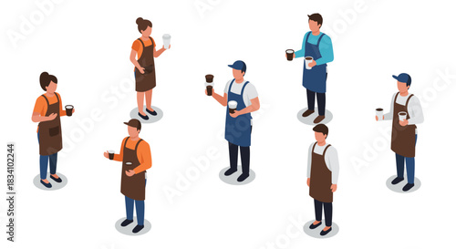Isometric barista team serving coffee in various poses with aprons and cups