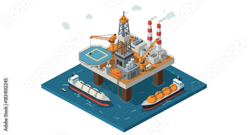 Offshore oil platform with cargo ships in isometric 3d design