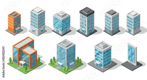 Modern isometric urban buildings set for architectural design projects