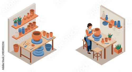 Isometric pottery studio scene with potter crafting clay on wheel