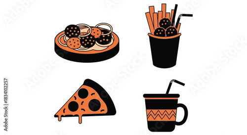 Delicious fast food icons: pizza, meatballs, fries, and drink, presented in a vibrant, modern style.