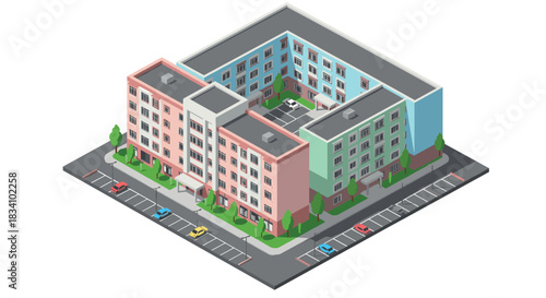 Modern isometric apartment complex with parking and greenery