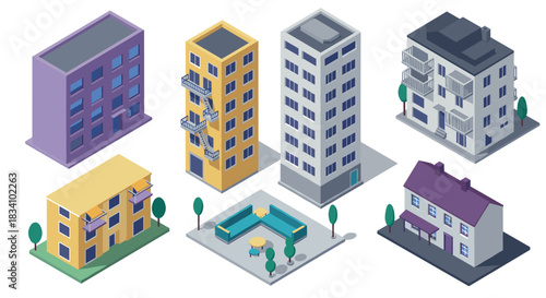 Modern isometric building collection featuring apartments and houses