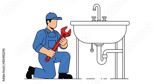 Skilled plumber in blue uniform repairing a sink with a wrench, professional service concept