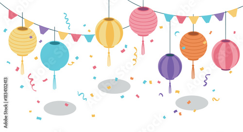 Colorful festive lanterns and decorations with bunting and confetti for celebrations
