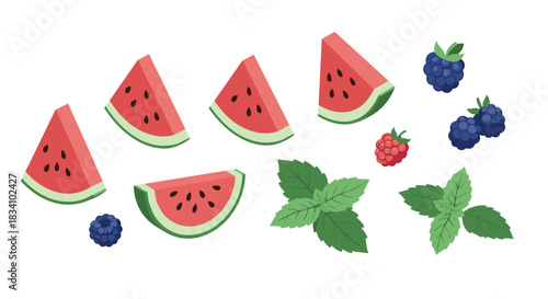 Watermelon and berry slices with mint leaves on white background
