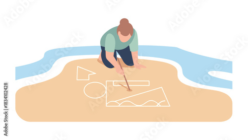 Artist creating geometric sand drawings by hand, detailed creative-process imagery for design concepts, art education projects, and minimalist motion graphics