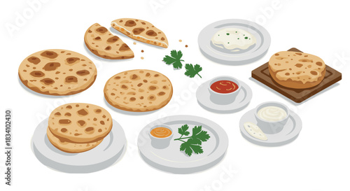 Delicious assorted flatbreads and dips on plates with fresh herbs