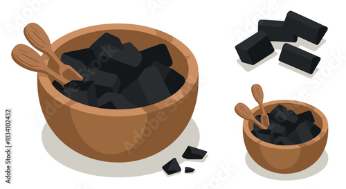 Isometric wooden bowls with activated charcoal pieces on white background