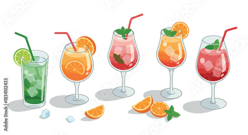 Colorful cocktail collection with citrus and mint garnishes in isometric style