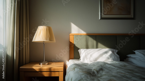 minibar. Hotel bedroom interior with cozy atmosphere and gentle morning illumination, real-estate listings.